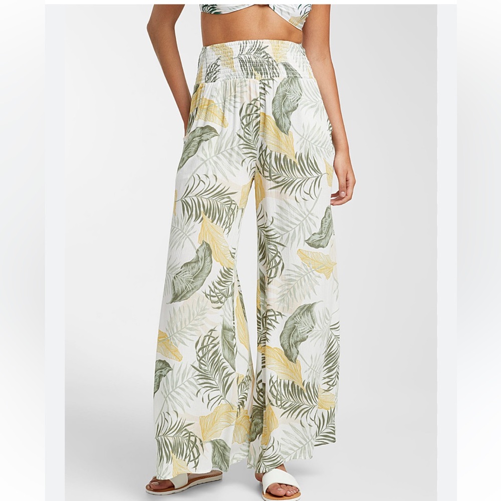 Rip Curl Women's Wide Leg Tropical Leaf Pants in White, Green & Yellow
